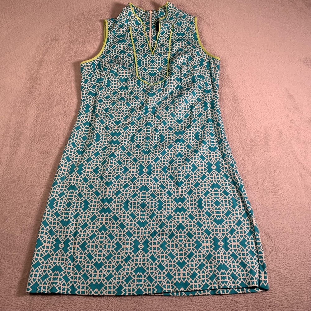 Vince Camuto Dress Womens 8 Blue‎ White Sleeveless Shift Geometric Print Cotton